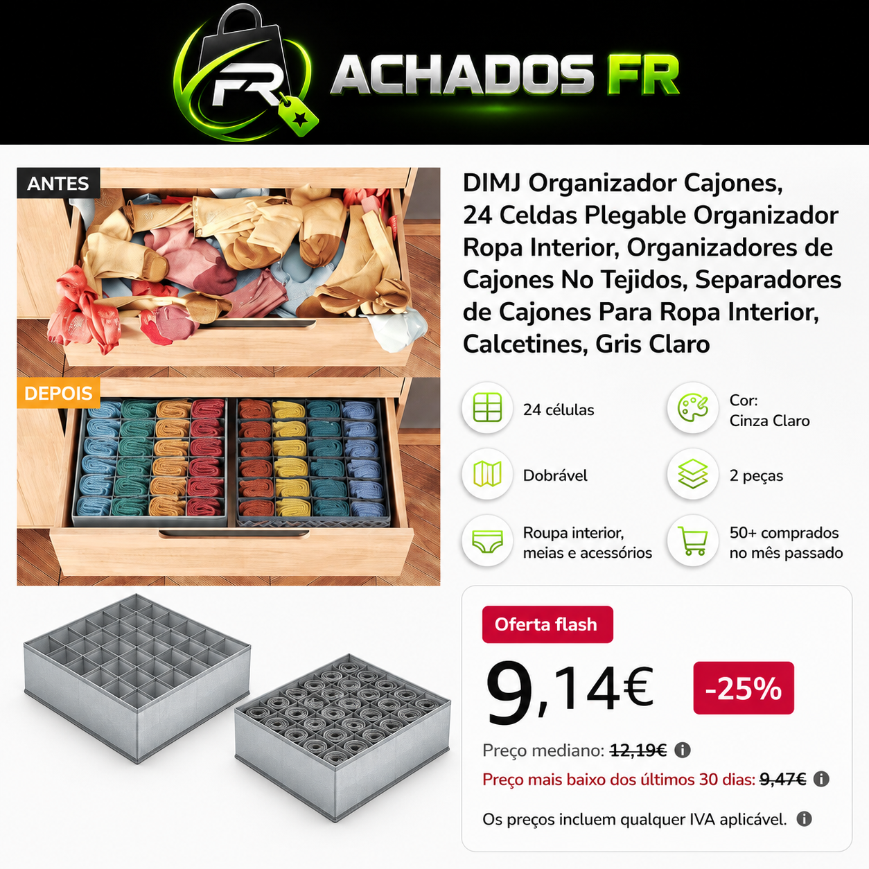 DIMJ Organizador Cajones, 24 Celdas Plegable — Organizador Ropa Interior, Gris Claro