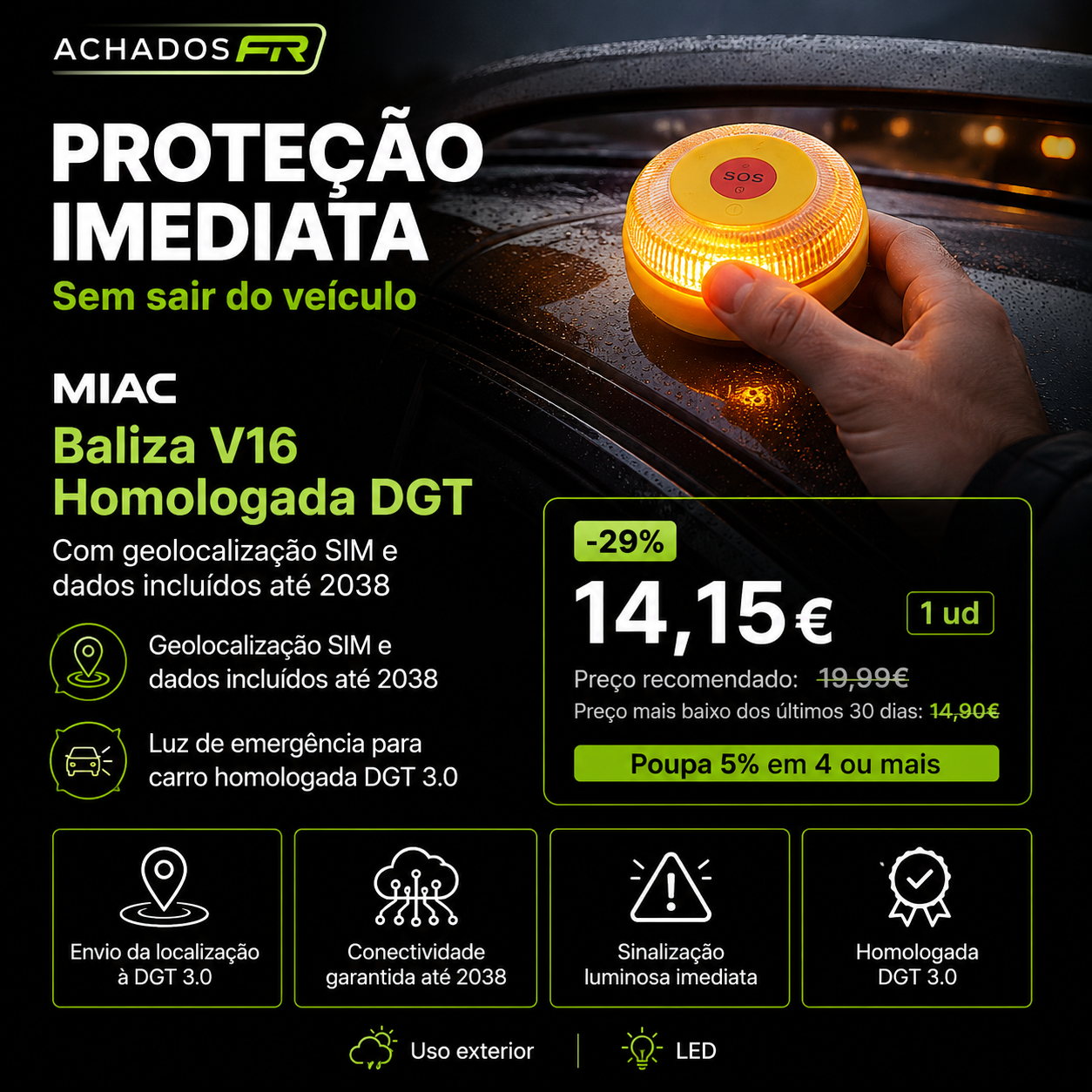 MIAC Baliza V16 Homologada DGT 3.0 — Geolocalização SIM até 2038