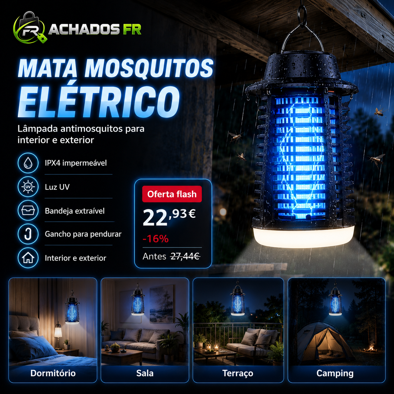 Mata-Mosquitos Elétrico — Lâmpada UV Antimosquitos IPX4 para Interior e Exterior