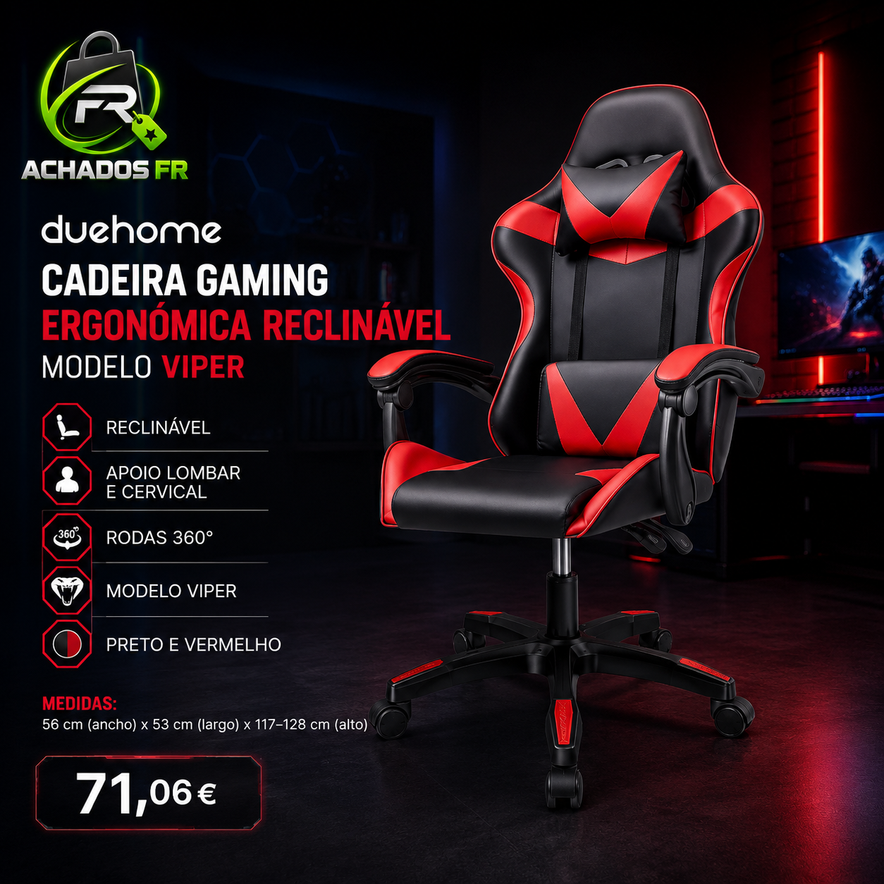 Duehome Cadeira Gaming Ergonómica Reclinável — Modelo Viper