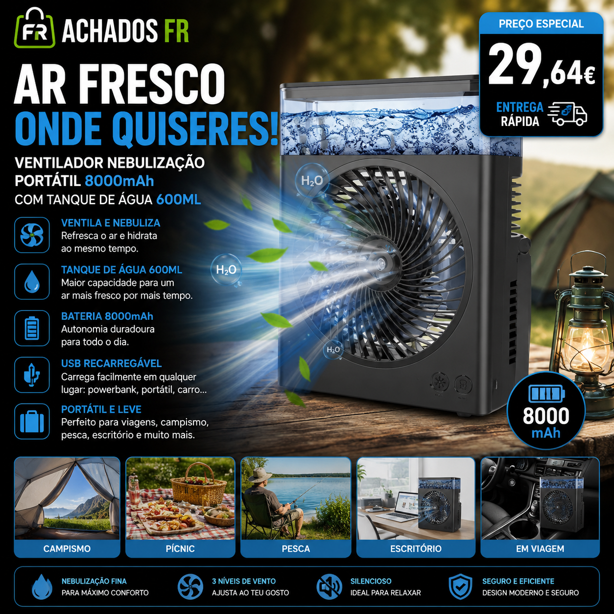 Ventoinha de Nebulização Portátil 8000 mAh — Tanque 600 ml, USB Recarregável